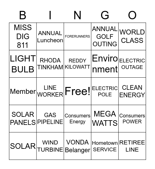 CMS ENERGY BINGO Card