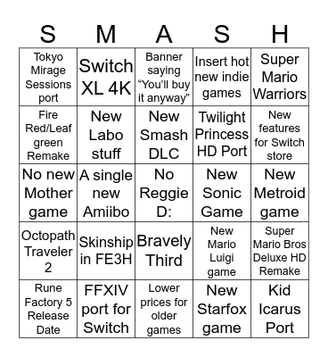 Nintendo E3 Bingo Card