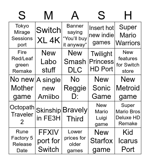 Nintendo E3 Bingo Card