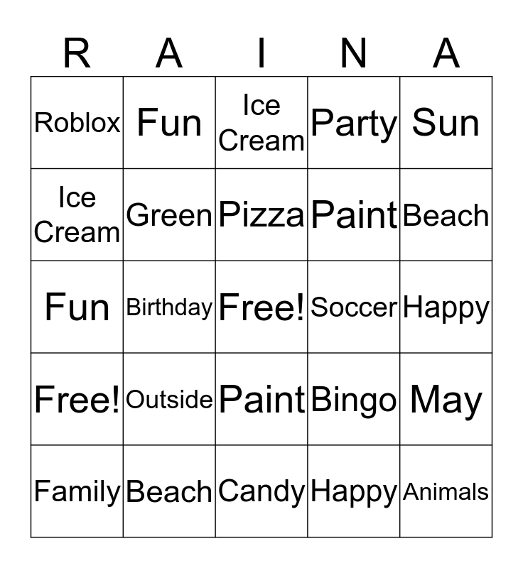 Raina S Bingo Card - bingo in roblox be like