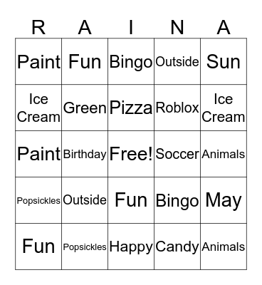 Raina's Bingo Card