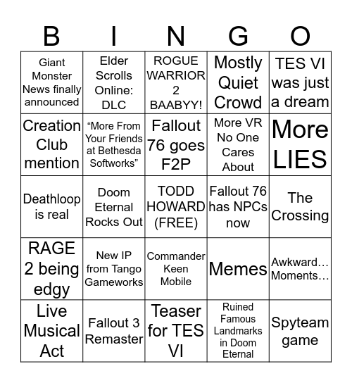 Bethesda E3 Bingo - 2019 Bingo Card