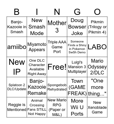 Nintendo E3 Bingo Card