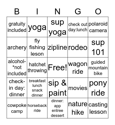 Ranch Relax & Play Getaway Bingo Card