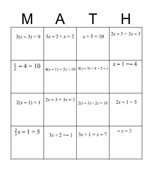 Solving Equations Bingo Card