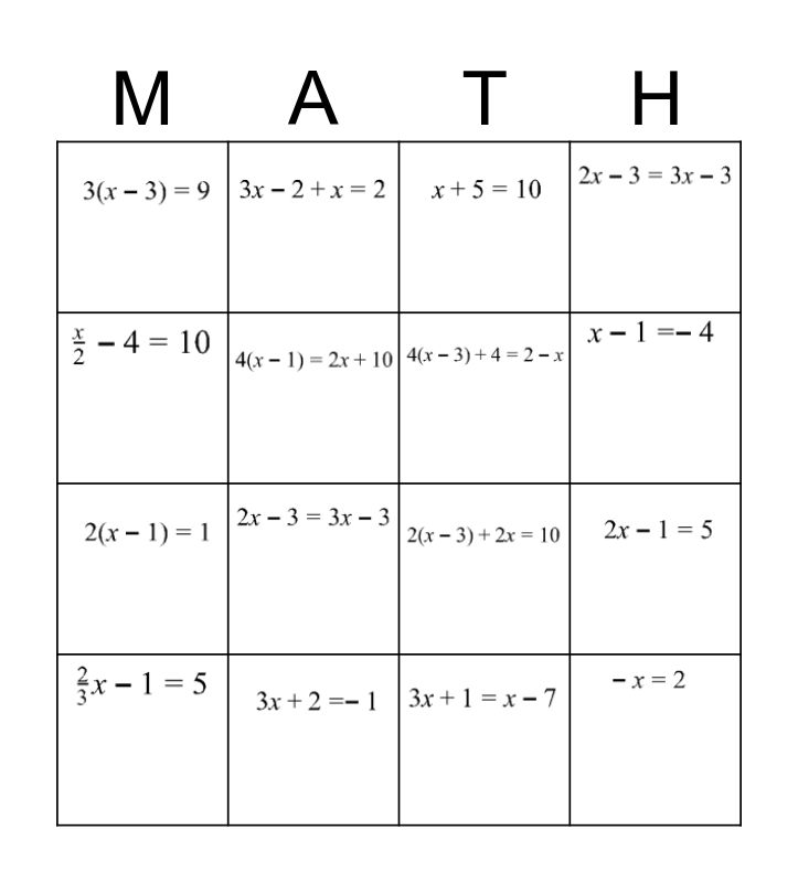 Solving Equations Bingo Card