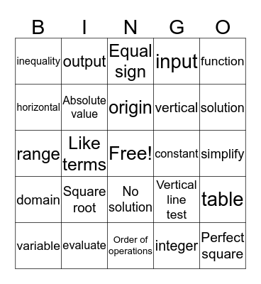 Expressions / Equations / Functions  Vocab Words Bingo Card