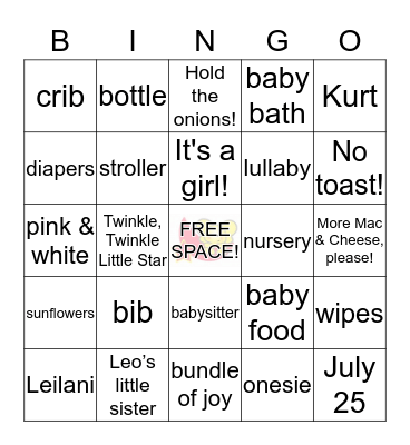 Leilani's Baby Shower Bingo Card
