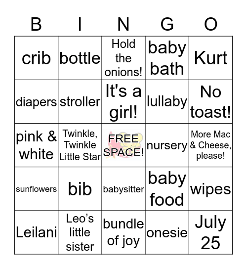 Leilani's Baby Shower Bingo Card