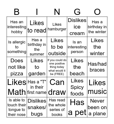 Ice Breaker Adolescent Bingo Card