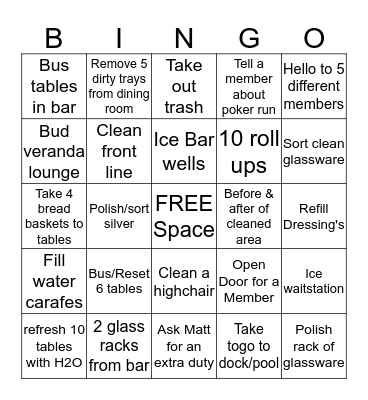 Restaurant  Bingo Card