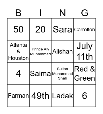 Ismaili Bingo Card