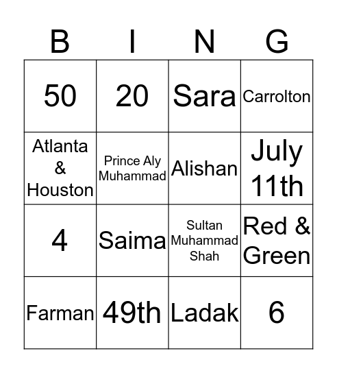 Ismaili Bingo Card