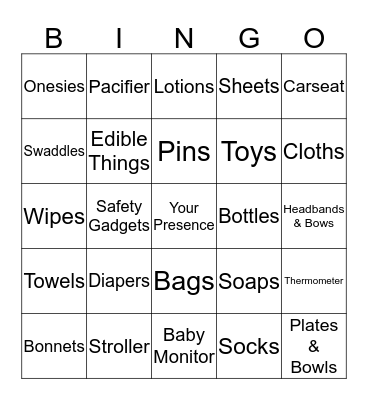Baby Items Bingo Card