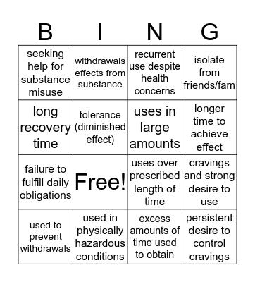 Bingo Addiction Bingo Card