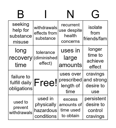 Bingo Addiction Bingo Card