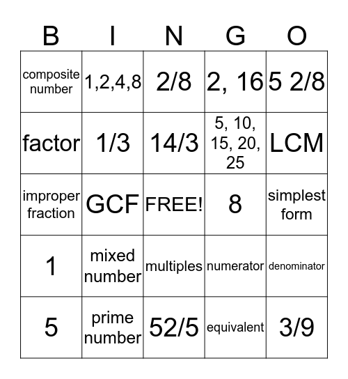 Fraction  Bingo Card