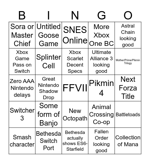 E3 2019 Bingo Card