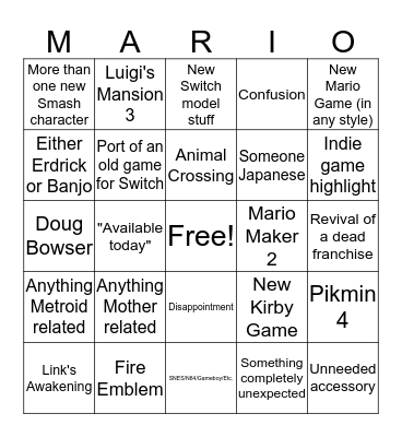 Nintendo E3 Bingo Card