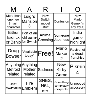 Nintendo E3 Bingo Card