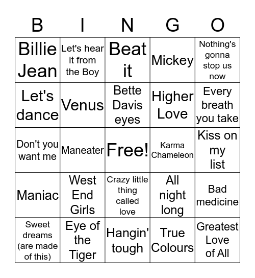 HITS of the 80's Bingo Card