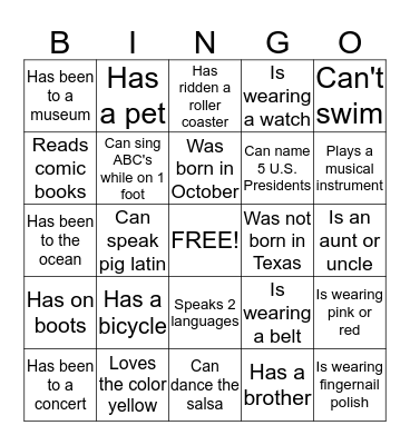 Friendship Bingo Card