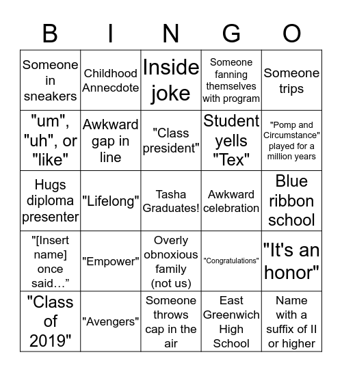 Tasha's Graduation Bingo Card