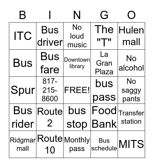 Travel Training Bingo Card