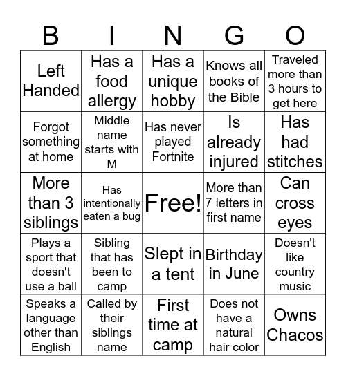 Get To Know You Bingo Card