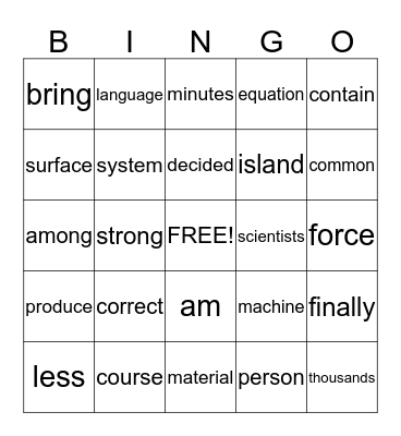 Sight Word Bingo Card