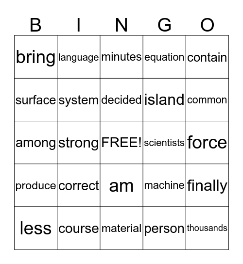 Sight Word Bingo Card