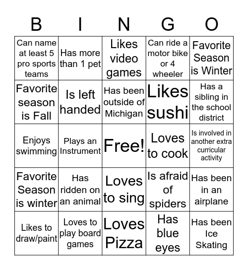 Find 1 person who fits the criteria & write their name Bingo Card