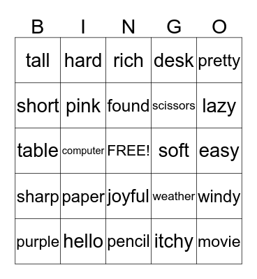 Adjectives Bingo Card