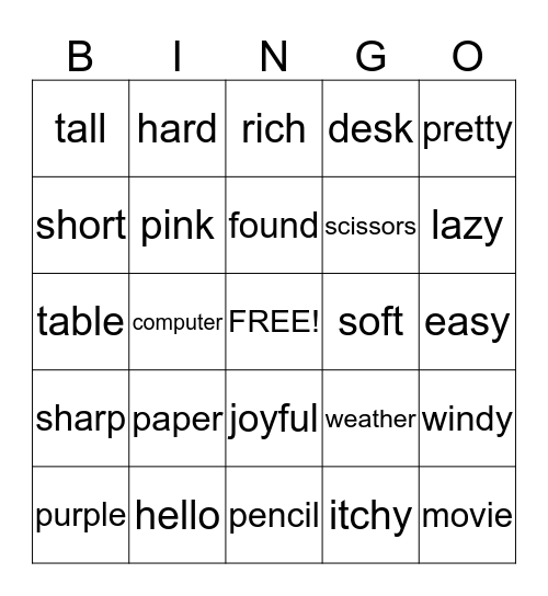 Adjectives Bingo Card