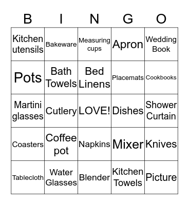 Shower Gifts Bingo Card