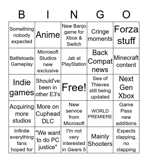 Xbox E3 2019 Bingo Card