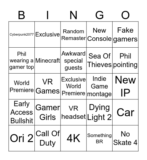 Xbox E3 Bingo Card