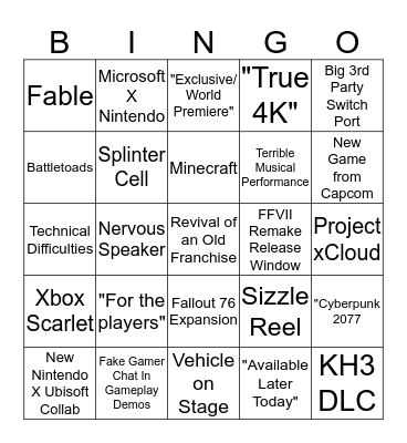 E3 2019 Bingo Card