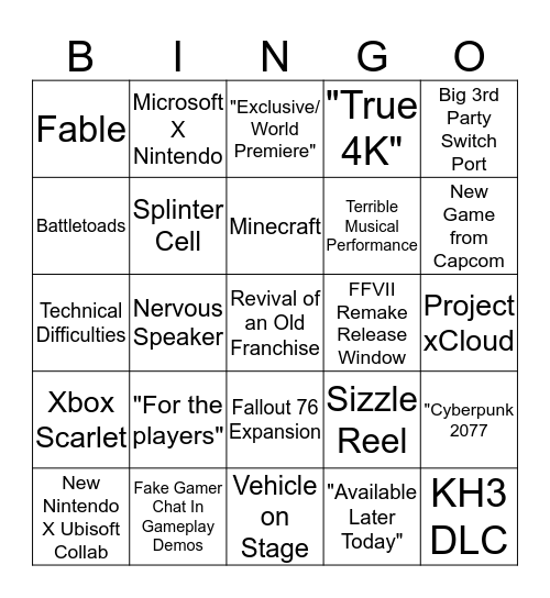 E3 2019 Bingo Card