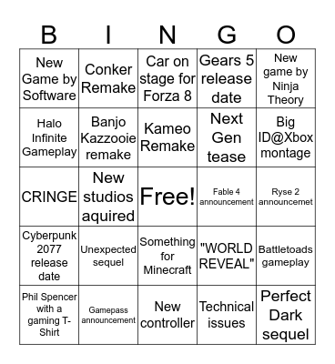 E3 Xbox Conference Bingo card Bingo Card