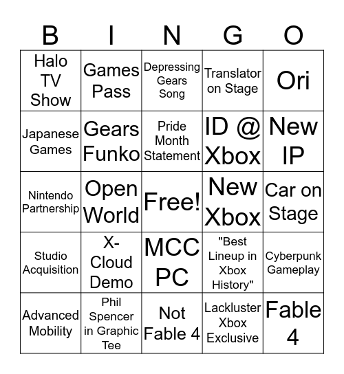 XBOX E3 2019 Bingo Card