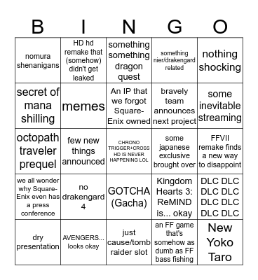 Square-Enix (peaked early) Bingo Card