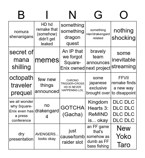 Square-Enix (peaked early) Bingo Card