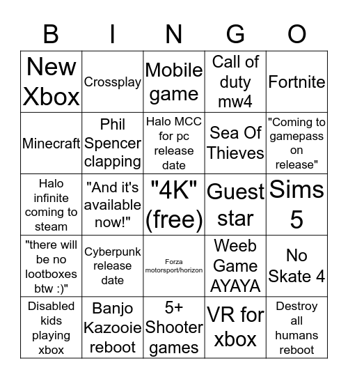 E3 2019 Microsoft Bingo Card