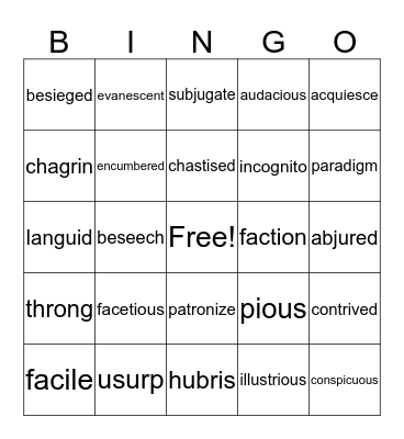 Vocabulary Bingo Card