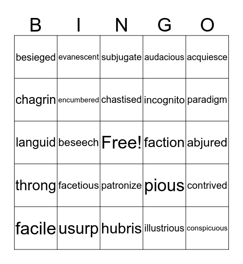 Vocabulary Bingo Card