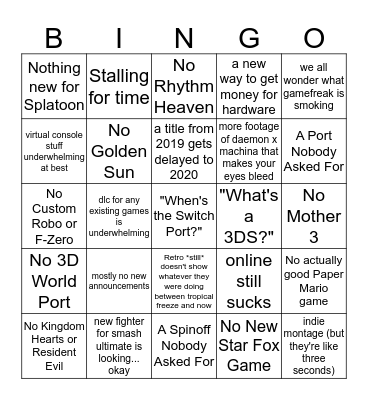 Nintendo Direct E3 Cynical Predictions: June 2019 Bingo Card