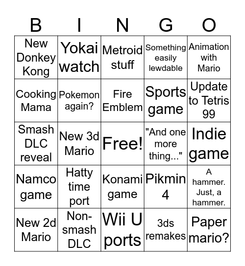 Nintendo E3 bingo Card
