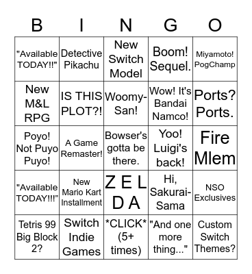 Nintendo E3 tosh edition Bingo Card