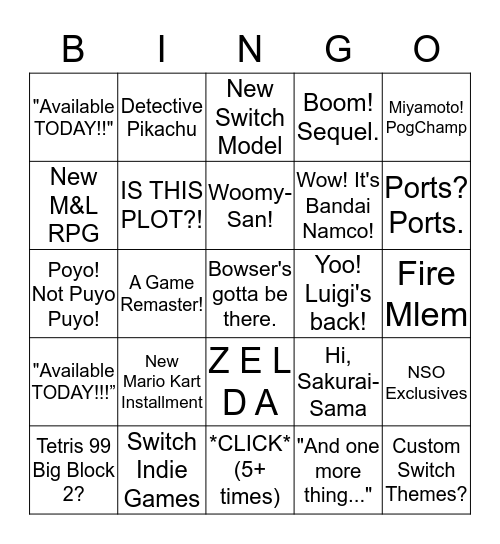 Nintendo E3 tosh edition Bingo Card